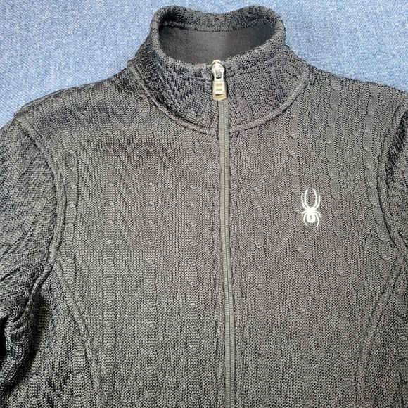Spyder Women's Black Cable Knit Full Zip Fleece Lined Sweater Jacket Size Medium - Picture 5 of 10